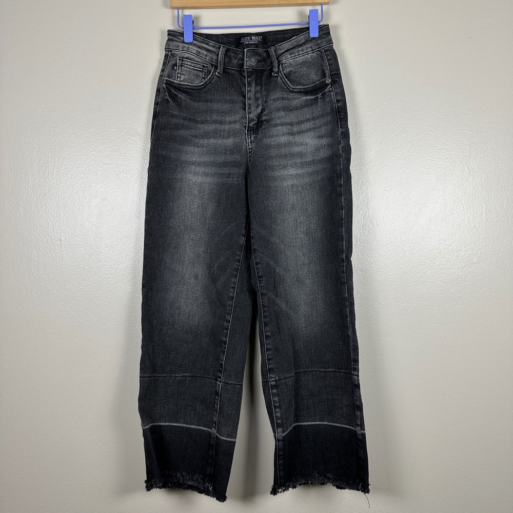 Judy Blue Women's 0/24 Wide Leg Crop Jeans Black Frayed Hem Boho